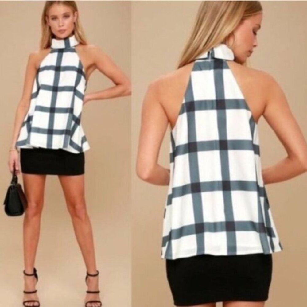 Lulu's White and Navy Plaid Halter Neck Blouse